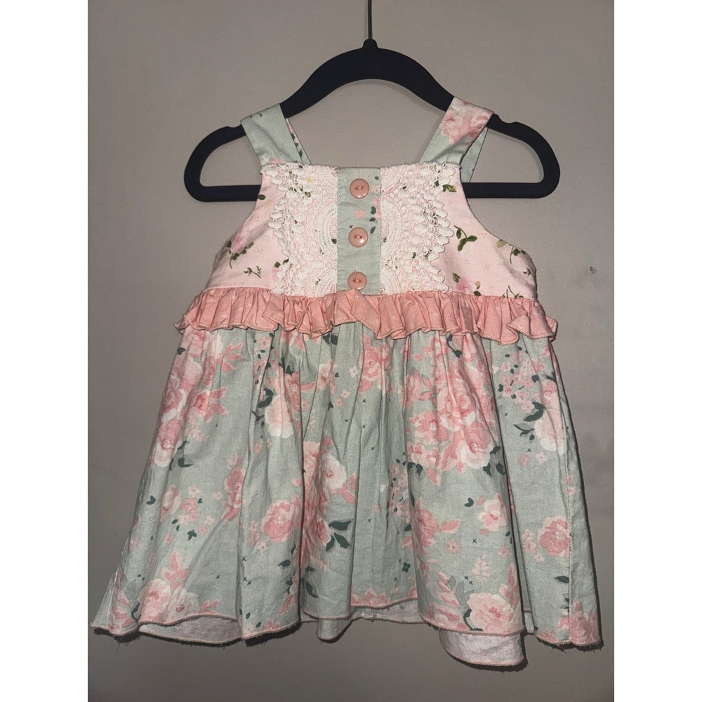 Ricrac & Ruffles Girls 2T Floral Lace Ruffle Boutique Dress Pink Green